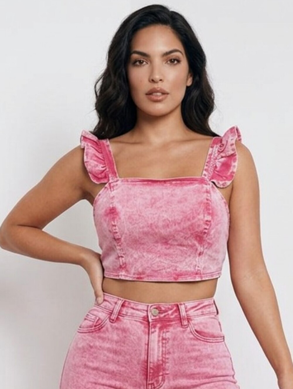NWT SHEIN Pink Acid-Wash Jean Crop Top With Flutter Sleeves Sz 12